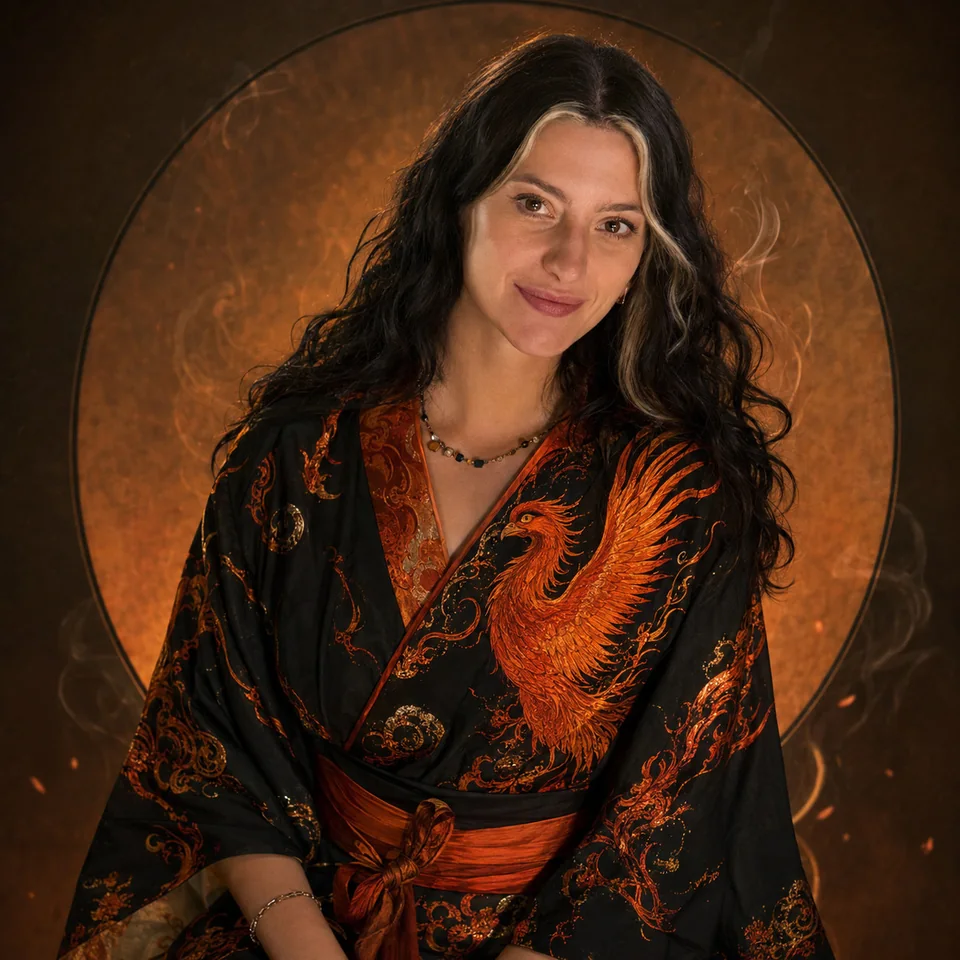 Annabell Tschakla, Epoxidharz-Künstlerin und Gründerin von Bell-Fire, im Phönix-Kimono