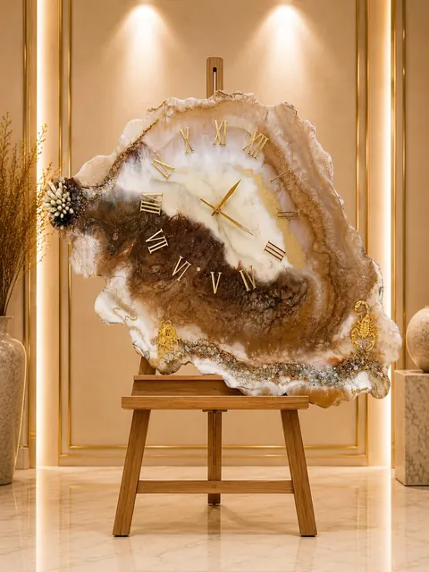 Freiform-Uhr aus Epoxidharz in Creme und Braun wie eine Achatscheibe, mit goldenen roemischen Ziffern