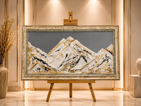 Bergpanorama aus Epoxidharz mit weissen Gipfeln sowie Gold- und Silberadern in einem Zierrahmen