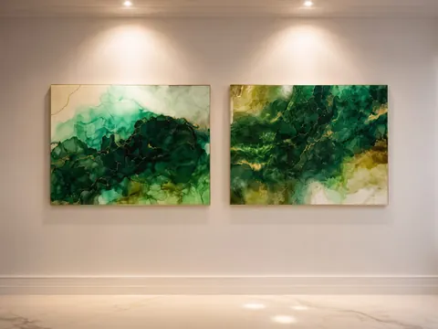Zweiteiliges Wandbild aus Epoxidharz in Smaragd- und Goldtoenen, gerahmt als Diptychon gehaengt