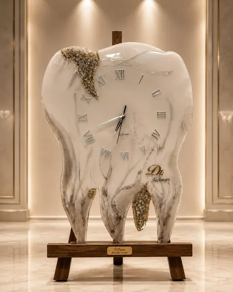 Freiform-Wanduhr aus weissem Epoxidharz mit goldenen Kristalltaschen und silbernen roemischen Ziffern
