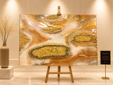 Grossformatiges Geodenbild aus cremefarbenem Epoxidharz mit goldenen Kristallkammern und Adern
