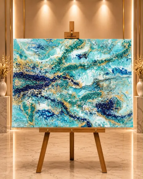 Abstraktes Geodenbild aus Epoxidharz in Tuerkis und Blau mit goldenen Adern und Kristallbaendern