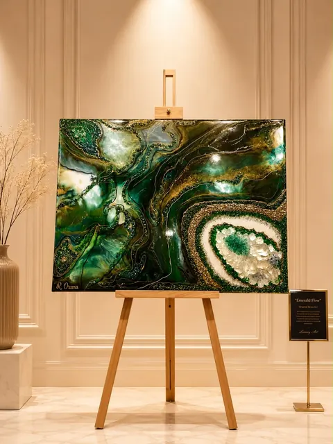 Geodenbild aus moosgruenem Epoxidharz mit goldenen Adern und funkelnden weissen Kristallkammern