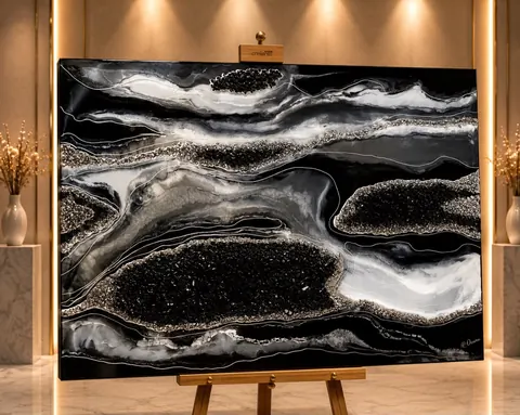 Abstraktes Geodenbild aus Epoxidharz in Schwarz, Weiss und Silber mit dunklen Kristalldrusen