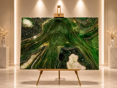 Abstraktes Geodenbild aus smaragdgruenem Epoxidharz mit goldenen Linien und weissen Kristalldrusen