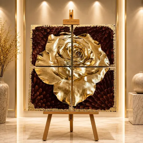 Grosse Rose aus Blattgold als Relief auf dunkelrotem Epoxidharz-Grund, gefasst in vier Tafeln
