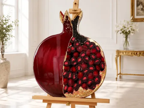 Aufgeschnittener Granatapfel aus tiefrotem Epoxidharz mit Blattgold und plastisch ausgeformten Kernen