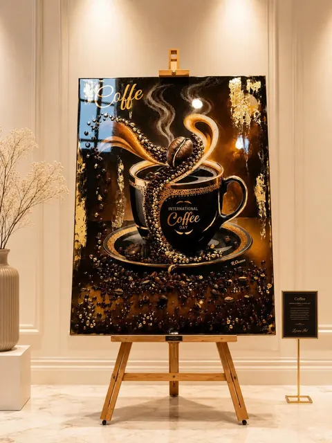 Schwarze Kaffeetasse aus Epoxidharz mit goldenem Dampf und Kaffeebohnen auf dunklem Grund