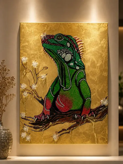Gruener Leguan auf einem Ast vor vollflaechigem Blattgold-Grund aus Epoxidharz mit weissen Blueten