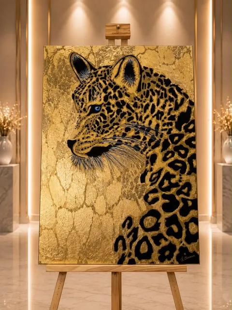 Leopardenkopf mit schwarzen Rosetten aus Epoxidharz auf vollflaechigem Blattgold-Grund