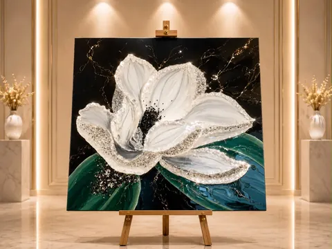 Weisse Magnolienbluete aus Epoxidharz mit Kristallrand auf schwarzem Grund mit goldenen Adern
