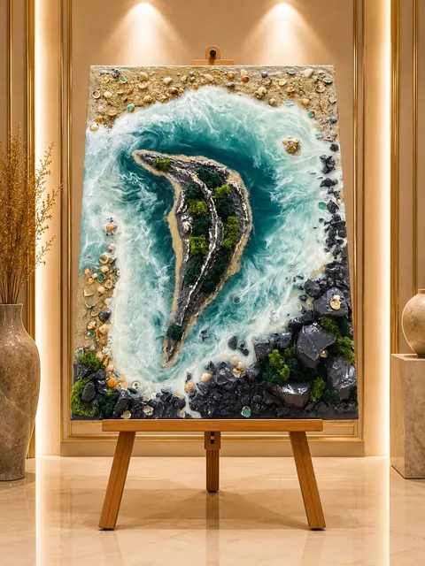 Meeresbild aus Epoxidharz mit tuerkisen Wellen, einer Felseninsel aus Moos und echten Muscheln