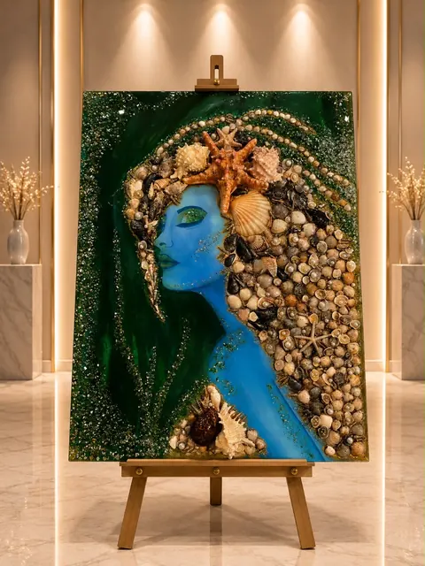 Frauenkopf aus blauem Epoxidharz mit Haar aus hunderten echten Muscheln vor gruenem Grund