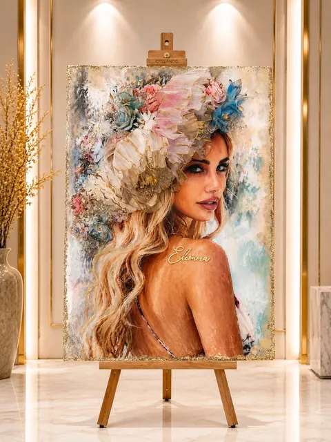 Portraet einer blonden Frau mit pastellfarbener Bluetenkrone aus Epoxidharz und goldener Signatur