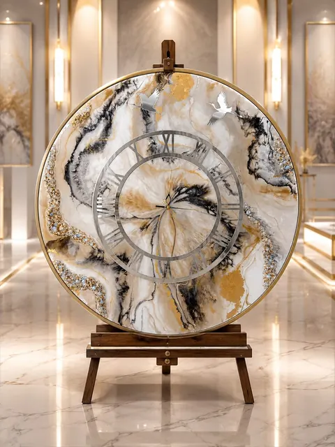 Runde Wanduhr aus Epoxidharz in Marmoroptik mit Goldadern, weissen Kranichen und silbernem Ziffernring
