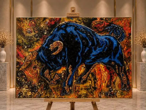 Kraftvoller blauer Stier aus Epoxidharz vor einem Hintergrund aus Feuerrot, Orange und Gold