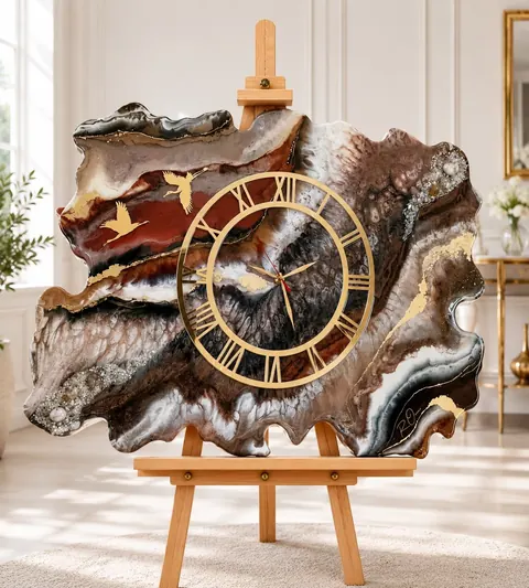 Freiform-Uhr aus Epoxidharz in Braun und Rot mit grossem goldenem Ziffernring und Kranichen