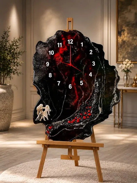 Freiform-Uhr aus schwarzem Epoxidharz mit tiefroter Glut, weissen Ziffern und Elefantenmotiv
