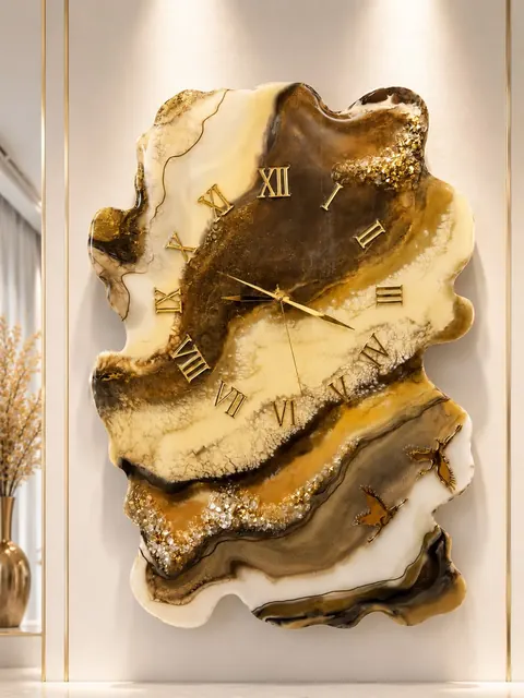 Freiform-Wanduhr aus Epoxidharz in Bernstein und Gold mit roemischen Ziffern und fliegenden Voegeln